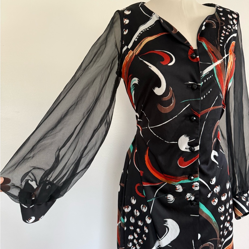 Vintage Dress Sheer Sleeve Abstract Print 90s Black Midi